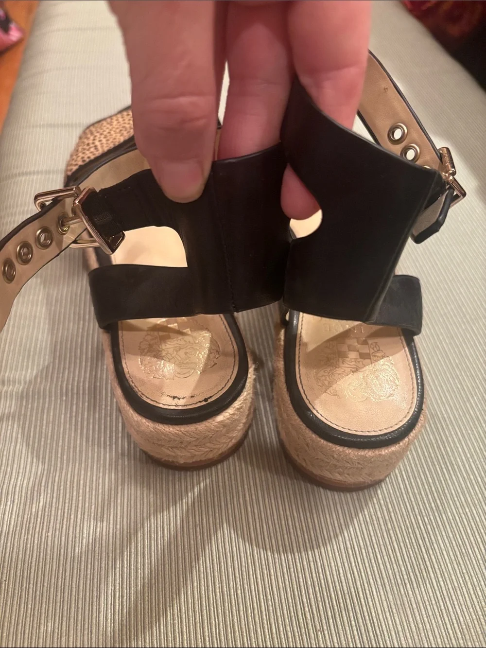 Vince Camuto Black & Leopard Print Ankle-Strap Sandals